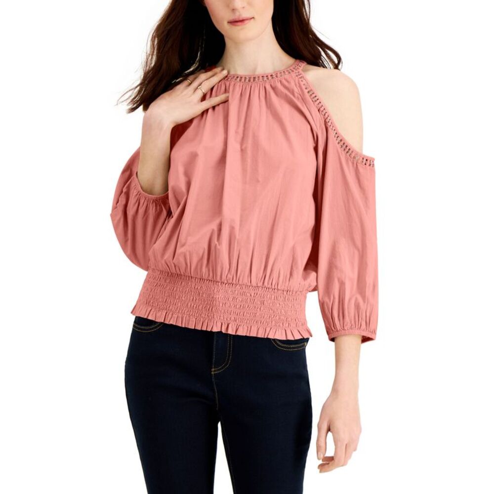 INC International Concepts Crochet Cold Shoulder Smocked Hem Top